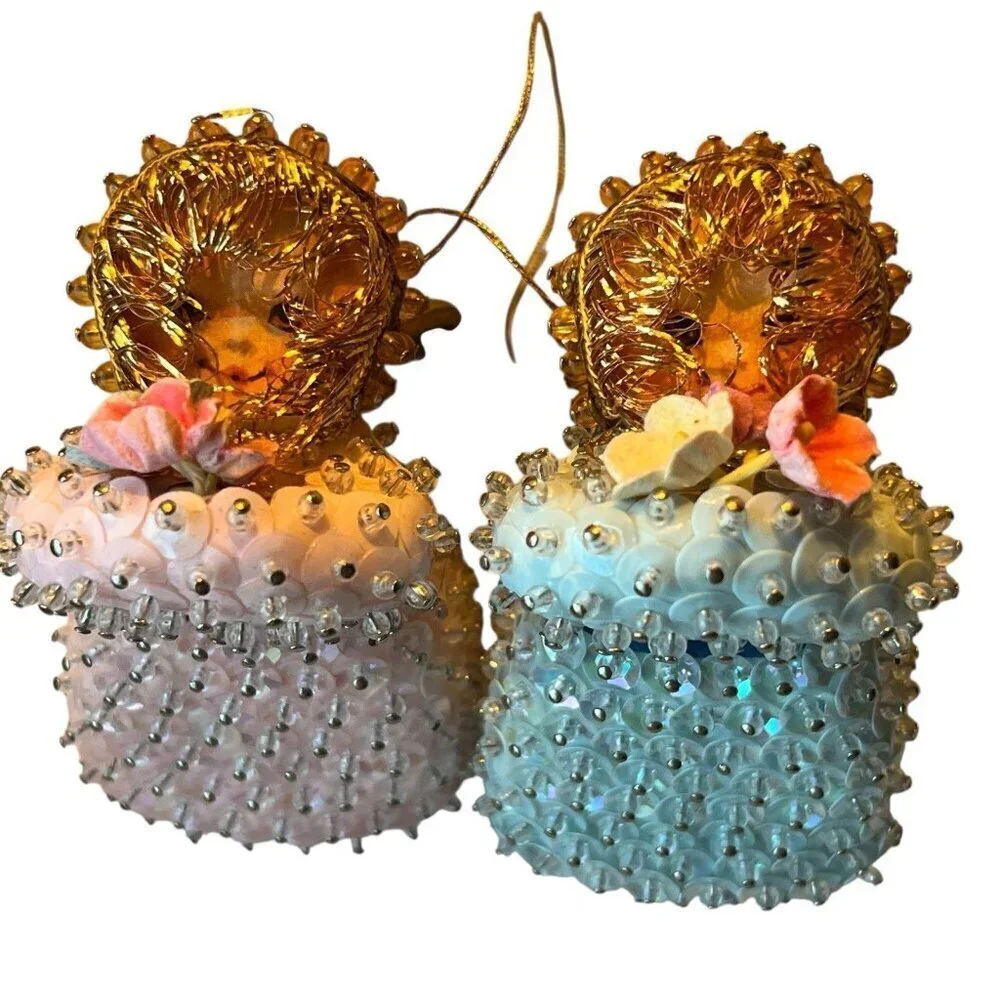 Vtg Sequin Push Pin Christmas Ornament Angel Blue Boy Pink Girl Brother Sister